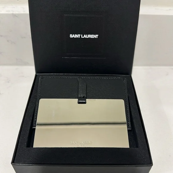Saint Laurent "For You" YSL Black Leather Metal Purse Travel Compact Mirror NIB - Picture 6 of 8